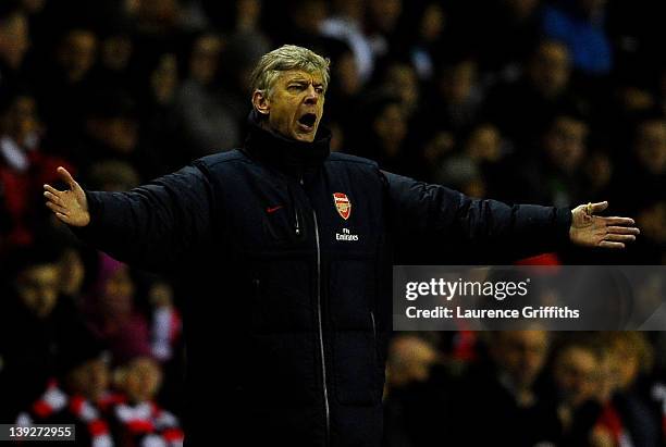 Arsenal Manager Arsene Wenger reacts during the FA Cup Fifth Round match between Sunderland and Arsenal at The Stadium of Light on February 18, 2012...