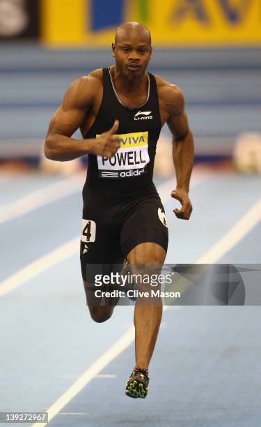 Asafa Powell of Jamaica in action during the mens 60m heats during the Aviva Grand Prix at the NIA Arena on February 18, 2012 in Birmingham, England.