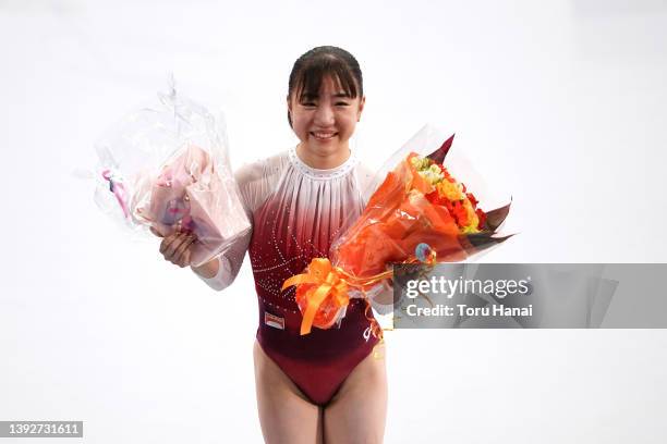 Asuka Teramoto poses for photos after competing during day one of the 76th Japan Artistic Gymnastics Individual All-Around Championships at Tokyo...