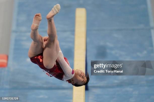 Asuka Teramoto competes on the balance beam during day one of the 76th Japan Artistic Gymnastics Individual All-Around Championships at Tokyo...