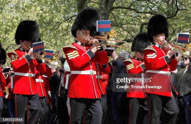 Members of the Band of the Grenadier Guards perform at the Gun Salute which marks Queen Elizabeth II's 96th birthday at Hyde Park on April 21, 2022...