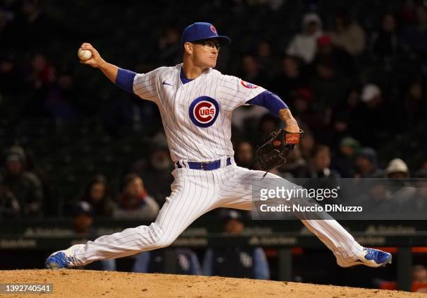 Ethan Roberts of the Chicago Cubs throws a pitch during a game against the Tampa Bay Rays at Wrigley Field on April 19, 2022 in Chicago, Illinois.