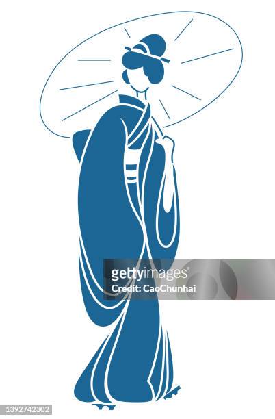 ancient japanese woman holding an umbrella - female fashion with umbrella stock illustrations