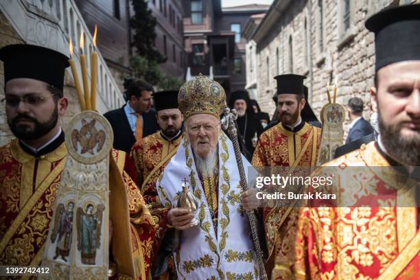 Greek Orthodox Ecumenical Patriarch Bartholomew I of Constantinople on April 21, 2022 in Istanbul, Turkey. The Russian invasion of Ukraine has caused...