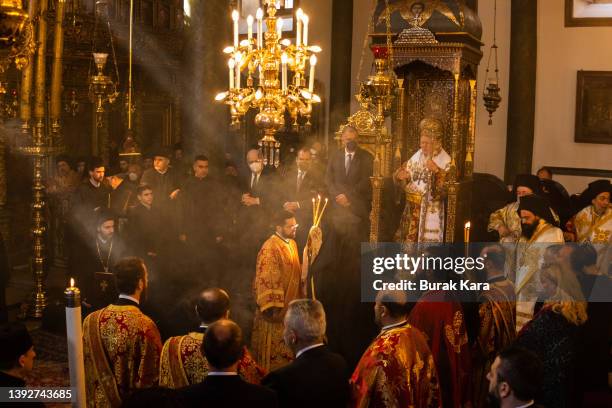 Greek Orthodox Ecumenical Patriarch Bartholomew I of Constantinople conducts the consecration of the holy myron oil mass as part of Easter...