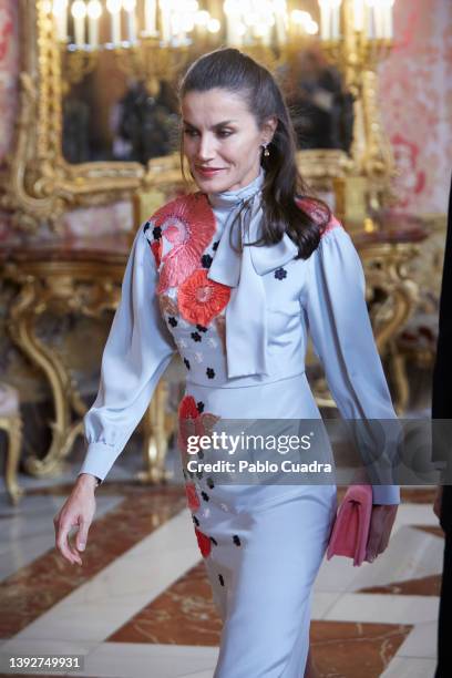 Queen Letizia of Spain attends a luncheon for world literature members on the occassion of the 'Miguel de Cervantes' 2021 Literature Prize in Spanish...