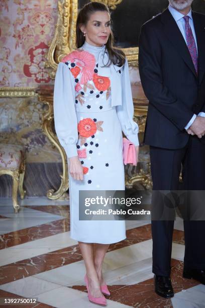 Queen Letizia of Spain attends a luncheon for world literature members on the occassion of the 'Miguel de Cervantes' 2021 Literature Prize in Spanish...