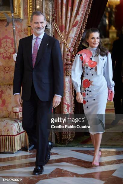 King Felipe VI of Spain and Queen Letizia of Spain attend a luncheon for world literature members on the occassion of the 'Miguel de Cervantes' 2021...