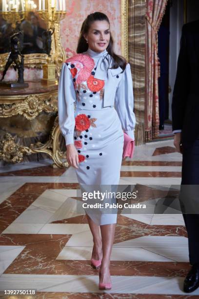 Queen Letizia of Spain attends a luncheon for world literature members on the occassion of the 'Miguel de Cervantes' 2021 Literature Prize in Spanish...