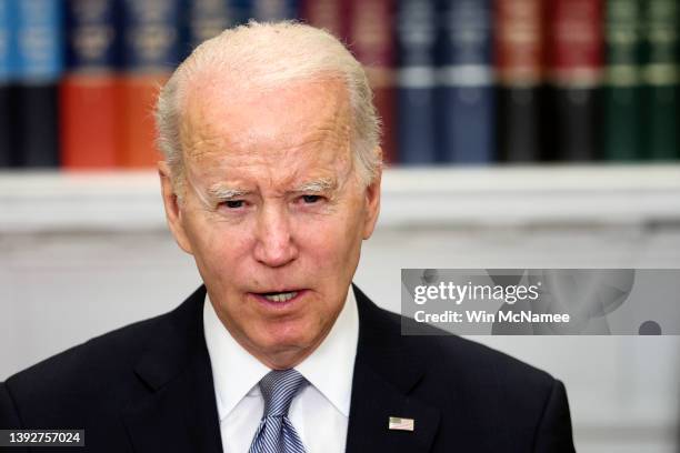 President Joe Biden delivers remarks on Russia and Ukraine from the Roosevelt Room of the White House on April 21, 2022 in Washington, DC. Biden...