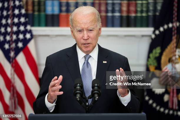 President Joe Biden delivers remarks on Russia and Ukraine from the Roosevelt Room of the White House on April 21, 2022 in Washington, DC. Biden...
