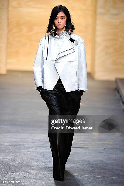 Model walks the runway at the Proenza Schouler Fall 2012 fashion show during Mercedes-Benz Fashion Week at on February 15, 2012 in New York City.