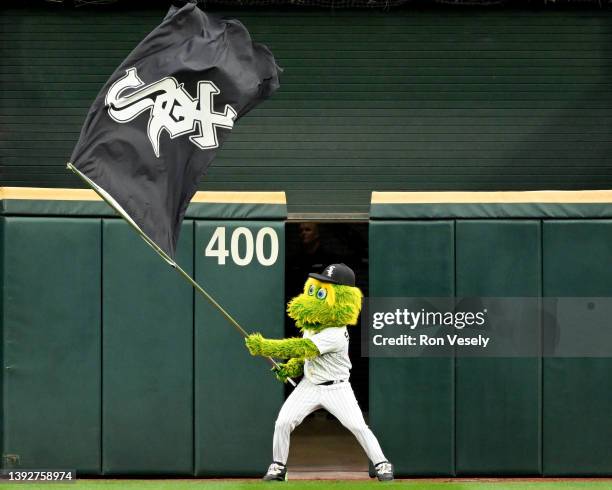 Chicago White Sox mascot Southpaw waves a flag to excite the fans during the game between the Chicago White Sox and Tampa Bay Rays as Major League...