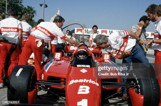 Racer Mario Andretti driving a Newman/Haas Beatrice Lola T-900 C at the Toyota Long Beach Grand Prix race, April 13, 1985 in Long Beach, California.