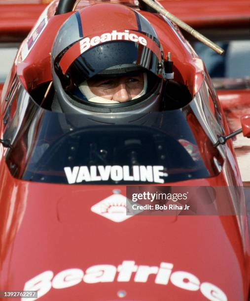 Racer Mario Andretti driving a Newman/Haas Beatrice Lola T-900 C at the Toyota Long Beach Grand Prix race, April 13, 1985 in Long Beach, California.