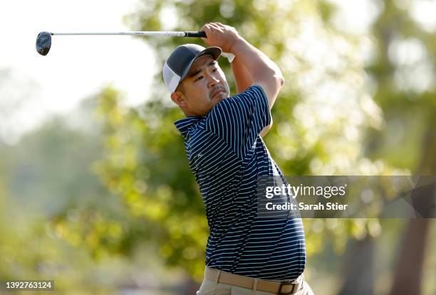 John Huh plays his shot from the third tee during the first round of the Zurich Classic of New Orleans at TPC Louisiana on April 21, 2022 in...