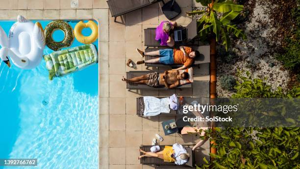friends working and sunbathing - french garden stock pictures, royalty-free photos & images