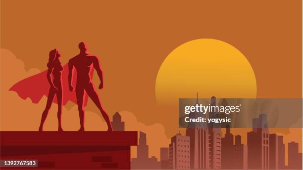 stockillustraties, clipart, cartoons en iconen met vector superhero couplein art deco style city stock illustration - vintage cityscapes