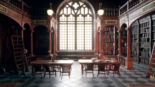 Animated library with old books 3d render 3d illustration
