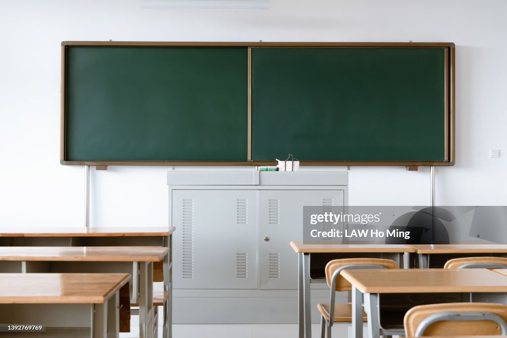 An empty classroom with desks, a lectern and a blackboard