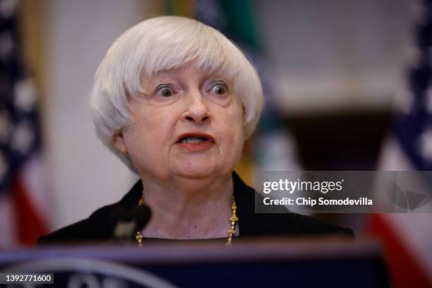 Treasury Secretary Janet Yellen talks to reporters during a news conference in the Cash Room at the Treasury Department on April 21, 2022 in...