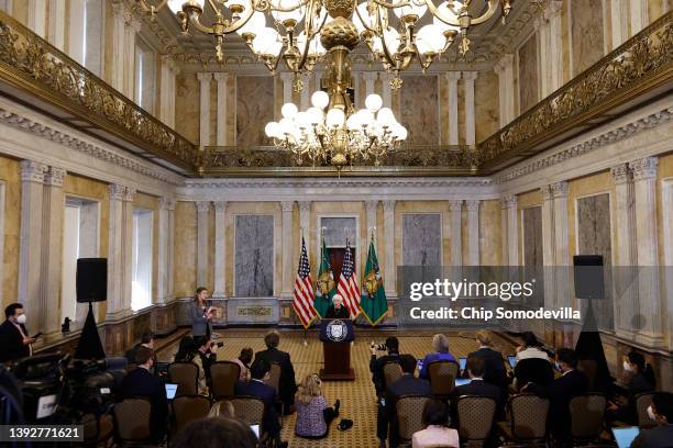 Treasury Secretary Janet Yellen talks to reporters during a news conference in the Cash Room at the Treasury Department on April 21, 2022 in...