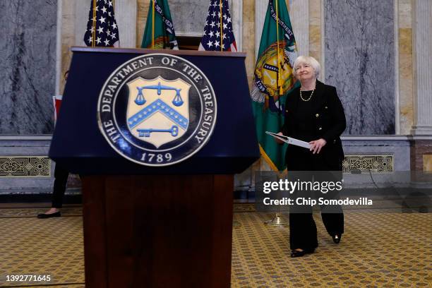 Treasury Secretary Janet Yellen arrives for a news conference in the Cash Room at the Treasury Department on April 21, 2022 in Washington, DC. Yellen...