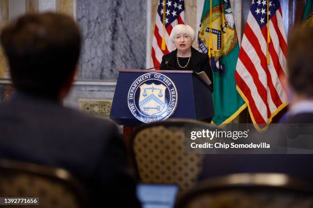 Treasury Secretary Janet Yellen talks to reporters during a news conference in the Cash Room at the Treasury Department on April 21, 2022 in...