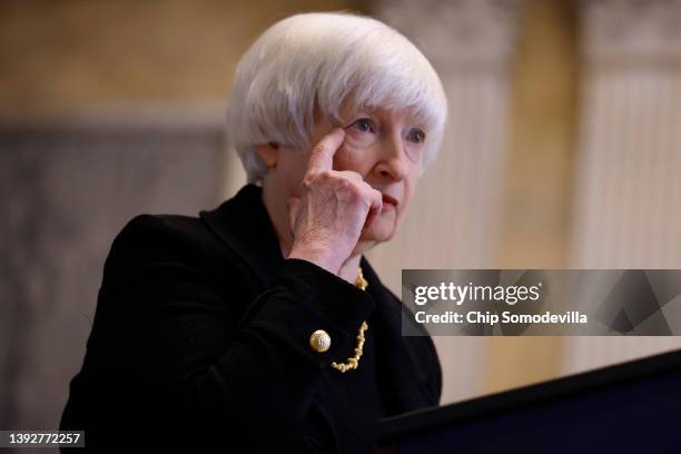 Treasury Secretary Janet Yellen talks to reporters during a news conference in the Cash Room at the Treasury Department on April 21, 2022 in...