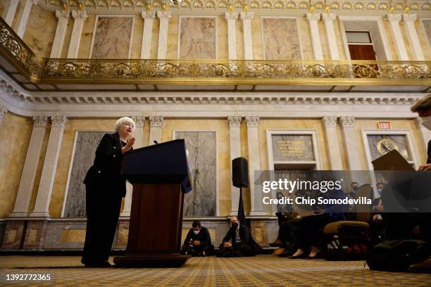 Treasury Secretary Janet Yellen talks to reporters during a news conference in the Cash Room at the Treasury Department on April 21, 2022 in...