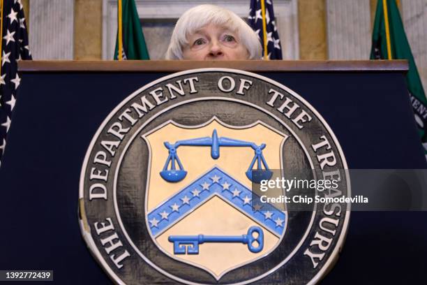 Treasury Secretary Janet Yellen talks to reporters during a news conference in the Cash Room at the Treasury Department on April 21, 2022 in...