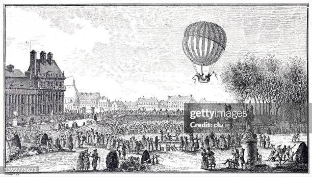 first aerostatic ascent in a hydrogen gas balloon executed at the tuileries by charles and robert on december 1, 1783 - jardin des tuileries stock illustrations