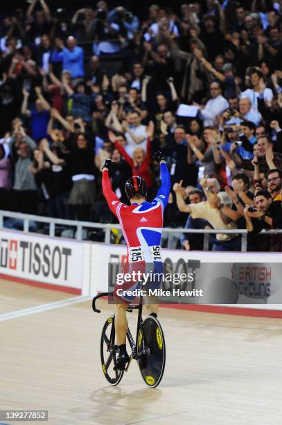 Sir Chris Hoy of Great Britain celebrates victory in Men's Keirin during the UCI Track Cycling World Cup - LOCOG Test Event for London 2012 at the...