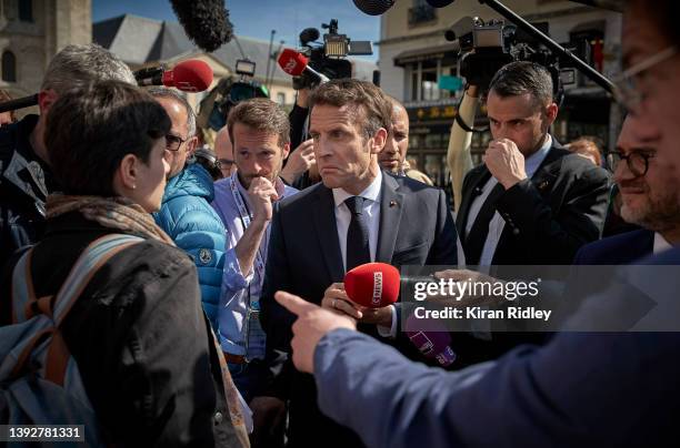 French President Emmanuel Macron on the campaign trial in the Paris suburb of Saint-Denis as he bids for a second term as French President on April...