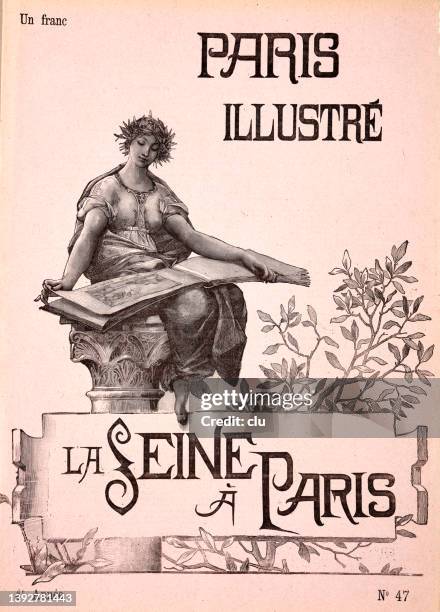 paris illustré - magazine title showing a woman holding an open book, topic la seine à paris - illustration in paris stock illustrations