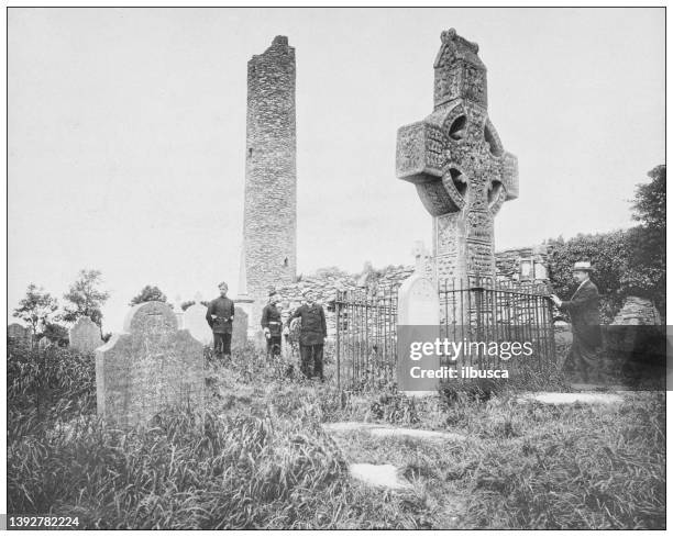 stockillustraties, clipart, cartoons en iconen met antique photograph of ireland: celtic cross, monasterboice, county louth - celtic cross