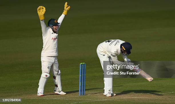 Durham batsman George Drissell, a concusion replacement player, is lbw to Notts bowler Liam Patterson-White as wicketkeeper Tom Moores appeals during...