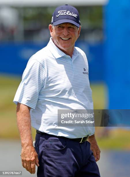 Jay Haas reacts on the ninth green during the first round of the Zurich Classic of New Orleans at TPC Louisiana on April 21, 2022 in Avondale,...