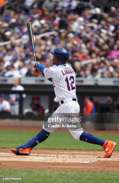 Francisco Lindor of the New York Mets hits a first inning home run against the San Francisco Giants during their game at Citi Field on April 21, 2022...