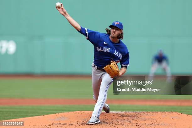 Starting pitcher Kevin Gausman of the Toronto Blue Jays throws against the Boston Red Sox during the second inning at Fenway Park on April 21, 2022...