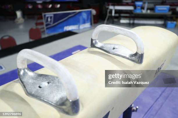Detail of the pommel horse before the Division I Men's Gymnastics Championship held at the Lloyd Noble Center on April 16, 2022 in Norman, Oklahoma.