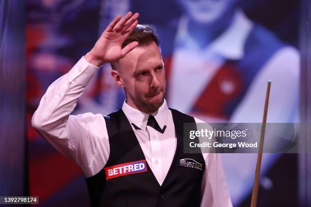 Judd Trump of England enters the arena during the Betfred World Snooker Championship Round One match between Judd Trump of England and Hossein Vafaei...