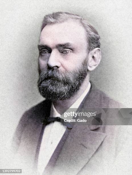 Head and shoulders portrait of inventor Alfred Nobel, 1896. Note: Image has been digitally colorized using a modern process. Colors may not be...