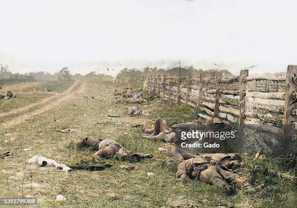Bodies of dead confederate soldiers on the ground near Antietam battlefield during the American Civil War, 1862. Note: Image has been digitally...