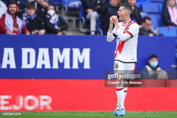 Sergi Guardiola of Rayo Vallecano celebrates scoring his side's first goal during the LaLiga Santander match between RCD Espanyol and Rayo Vallecano...