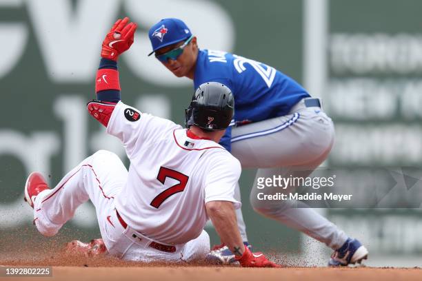 Christian Vazquez of the Boston Red Sox is tagged out by Gosuke Katoh of the Toronto Blue Jays during the fifth inning at Fenway Park on April 21,...