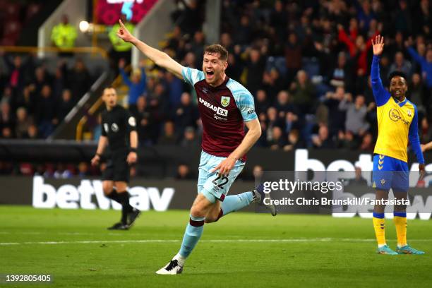 Nathan Collins of Burnley celebrates scoring his side's second goal during the Premier League match between Burnley and Southampton at Turf Moor on...