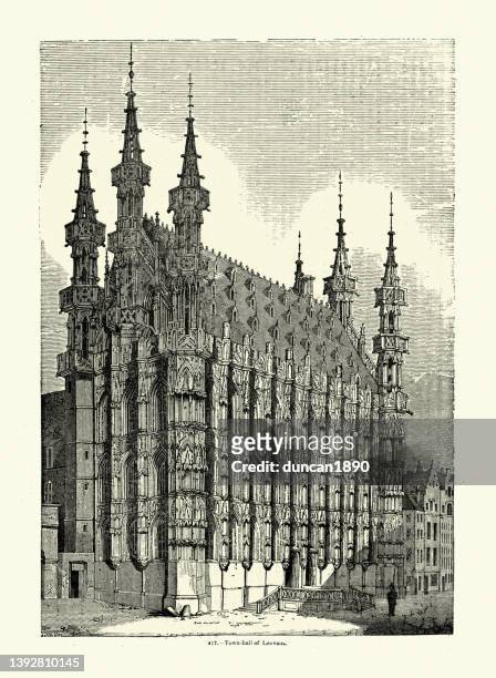 leuven town hall, belgium, brabantine late gothic style architecture - traditionally belgian stock illustrations