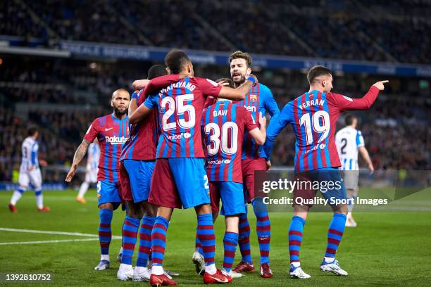 Pierre-Emerick Aubameyang of FC Barcelona celebrates after scoring his team's first goal during the LaLiga Santander match between Real Sociedad and...