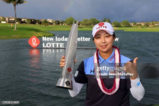 Hyo Joo Kim of The Republic of Korea poses with the Lotte Championship Trophy after winning the LOTTE Championship at Hoakalei Country Club on April...
